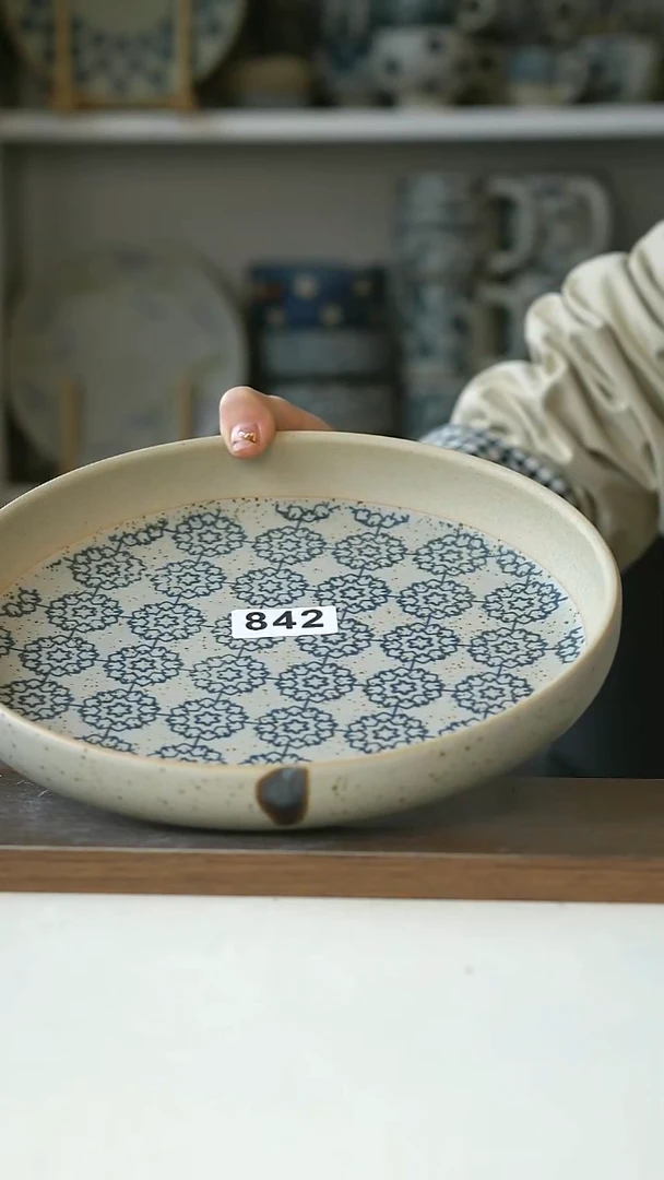 陶842粗陶手绘绣球大深盘25cm@7-7@