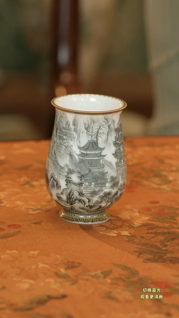 宇****)手绘墨彩重工精工大明宫闻香杯