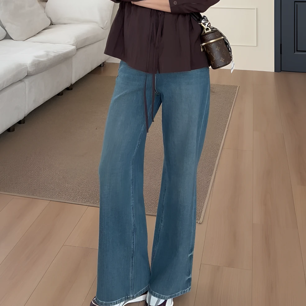 【余欢欢】早秋时尚复古宽松舒适显瘦微喇牛仔长裤-YHK50279