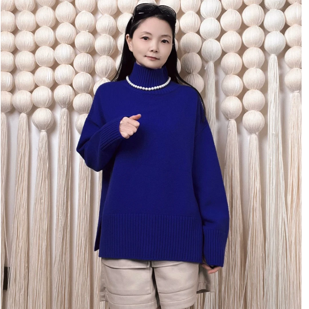 LP系列极简老钱风中领落肩开重磅加厚宽松100%山羊绒套头衫