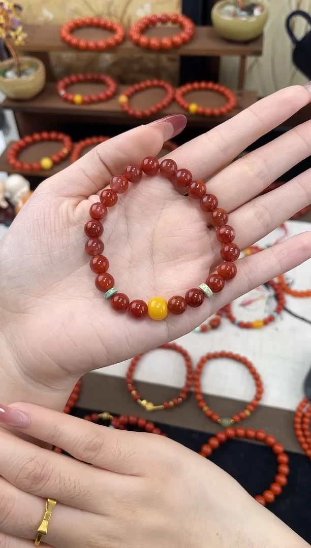 未镶嵌手串南红玛瑙火焰红单圈蜜蜡手串QF-A462（多样性发一）