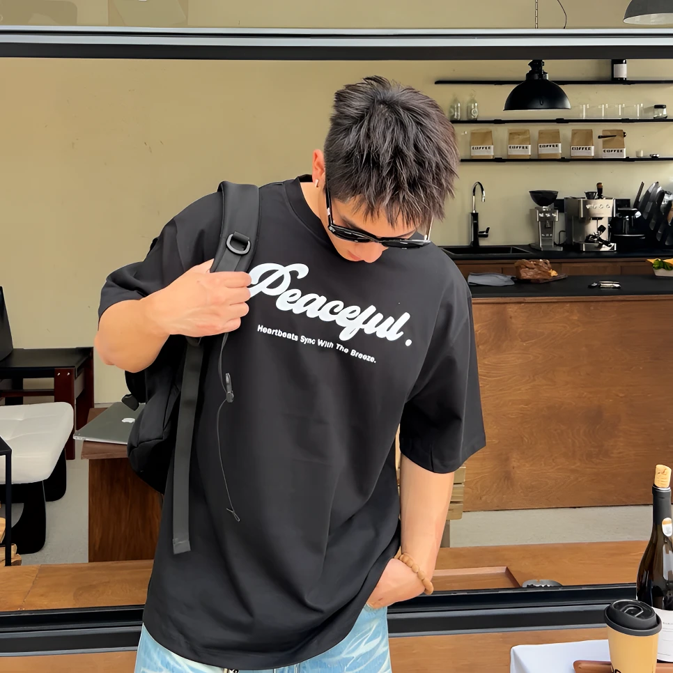 TTYM*夏季Peaceful印花宽松纯棉短袖T恤百搭潮流字母男女情侣落肩