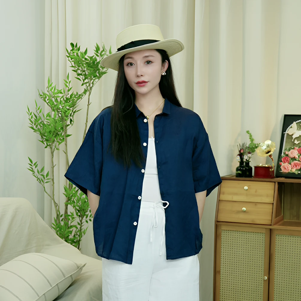 依品麻【反季清仓100亚麻短袖衬衫】文艺宽松半袖衬衣-BYW-241TS03