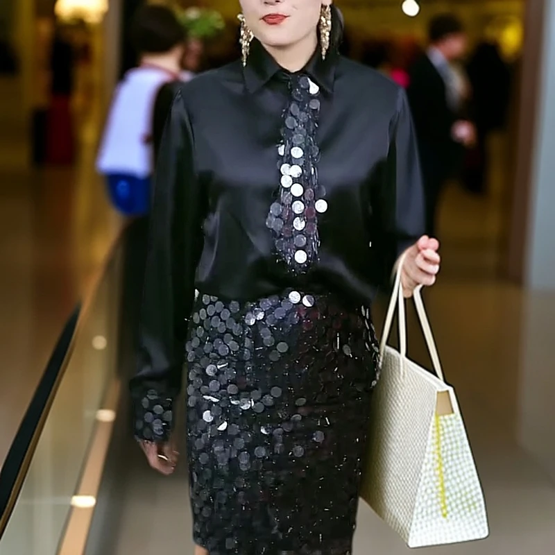 帕乐时髦亮片纯欲气质闪闪黑色衬衫