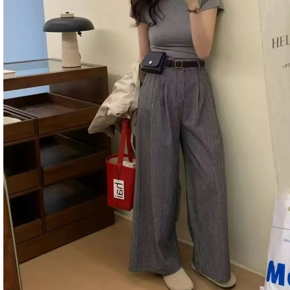 秋季韩系慵懒风条纹后松紧腰直筒阔腿裤H104