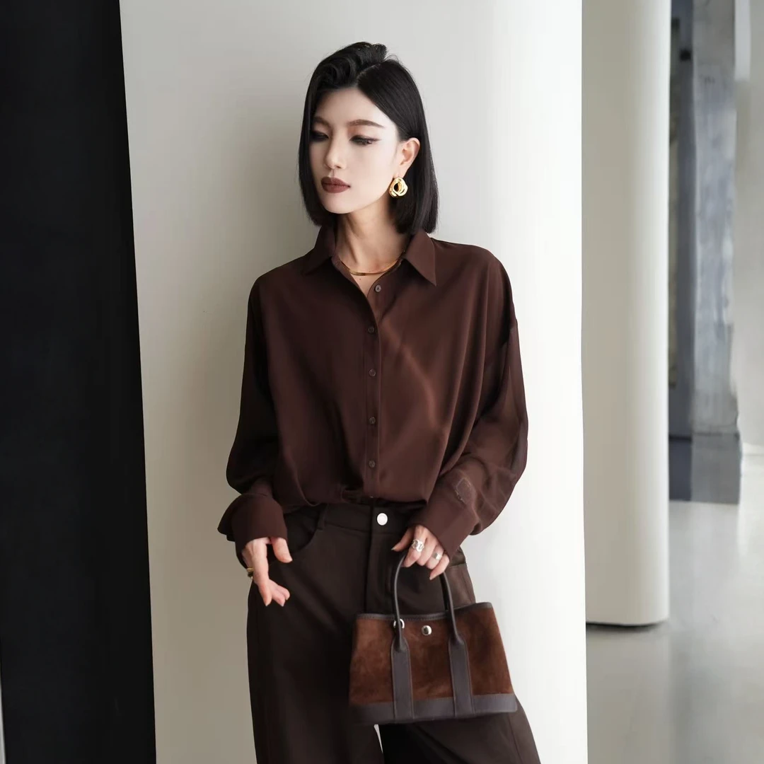 POPULARYW【秋容如拭】Z·R上品屋 简约休闲纯色褶皱翻领长袖衬衫