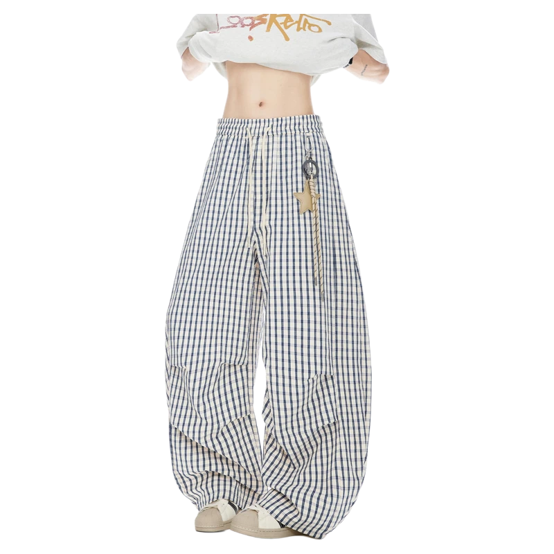 慵懒格子弯刀休闲裤子男女夏季新款潮牌宽松星星挂饰褶皱阔腿长裤