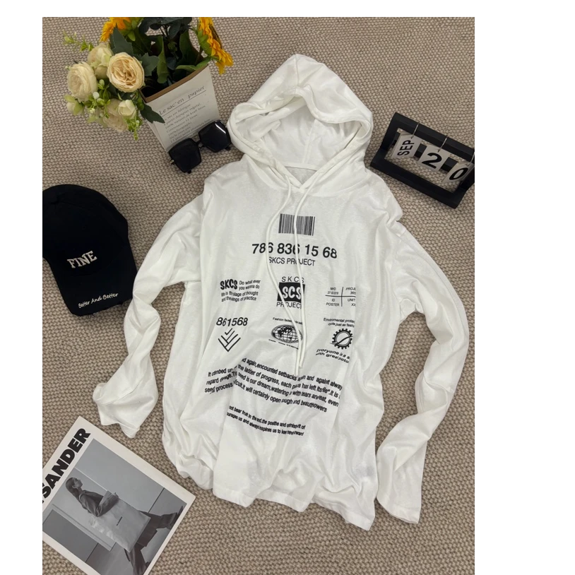 【NJ】夏季潮流新款时尚宽松舒适透气棉质连帽套头长袖防晒打底衫女