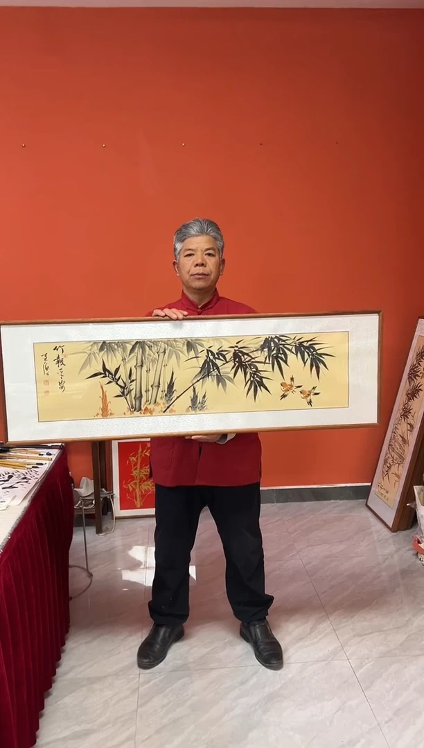 书法张富民手绘作品/横幅 竹报平安//122*40古宣（（乌檀木外框）