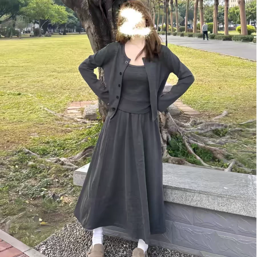 6107大码秋季新款韩系气质针织开衫吊带半身裙三件套显瘦小套装