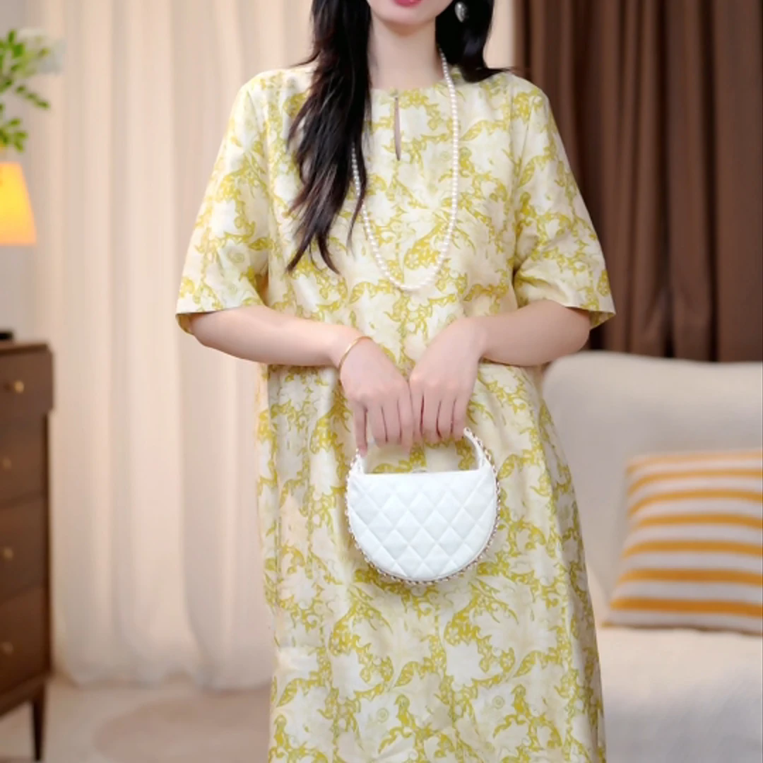 SIWAN/黄色气质印花国风宽松款连衣裙