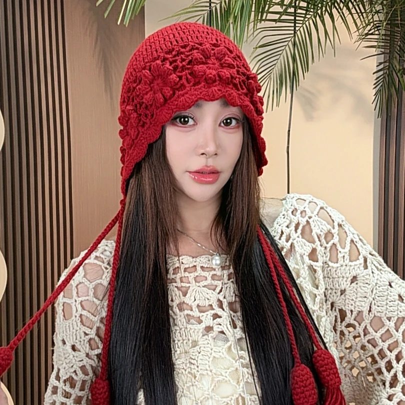 秋冬新款手工钩花流苏豆豆花针织帽民族风小辫帽子时尚毛线包头帽