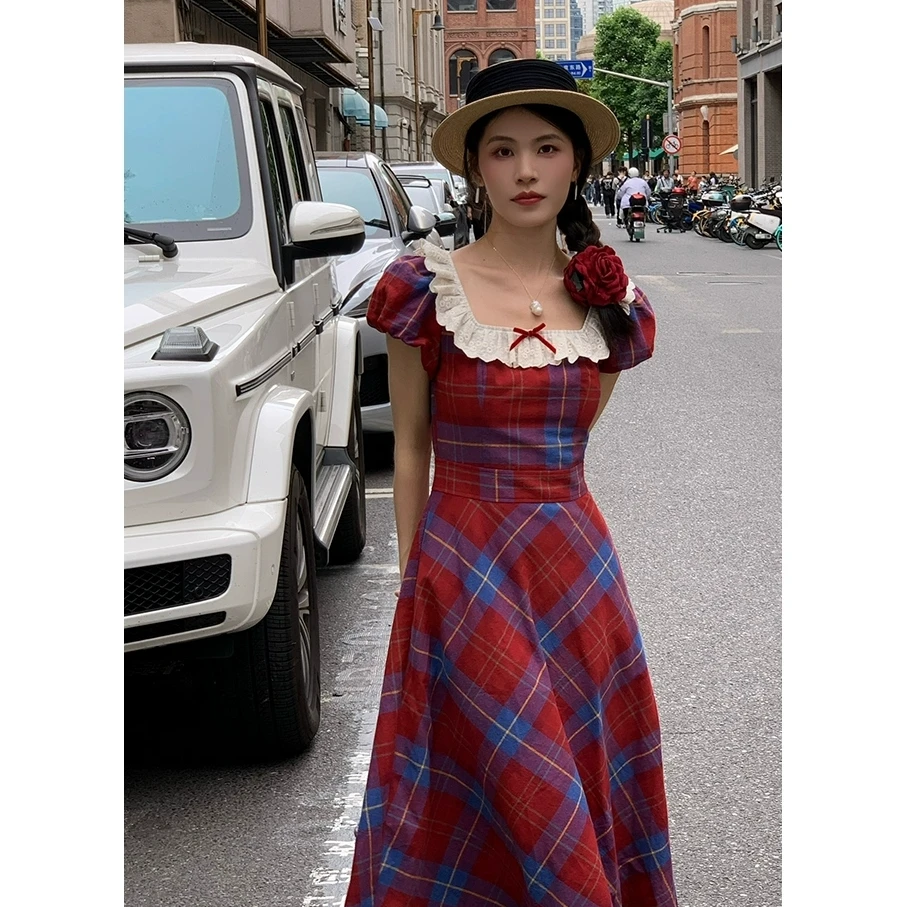 11757大码女装法式复古格子方领连衣裙女夏季收腰长裙子