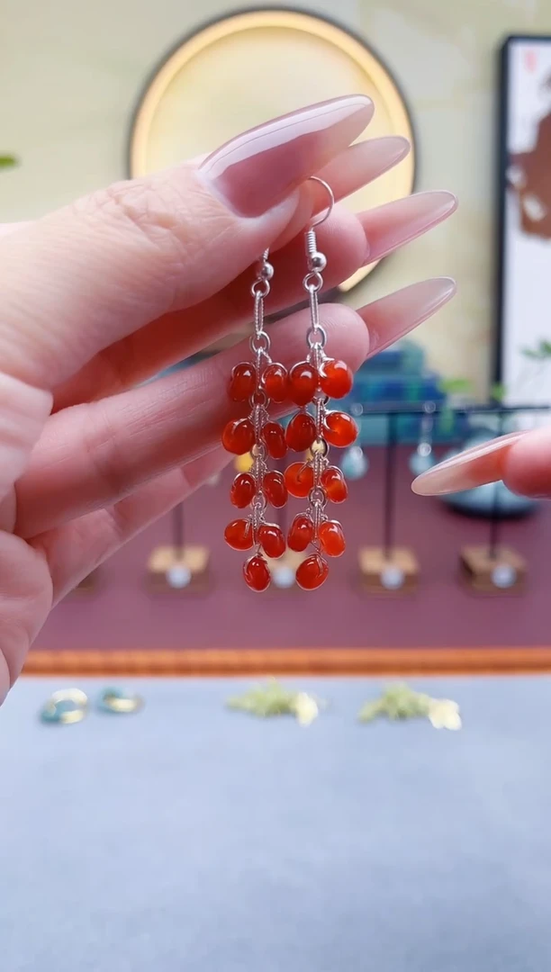 未镶嵌耳饰玛瑙/玉髓00红色流苏