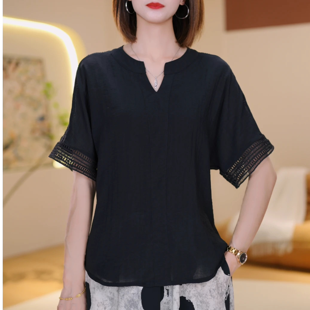 夏季新款V领镂空休闲气质优雅短袖百搭度假T恤