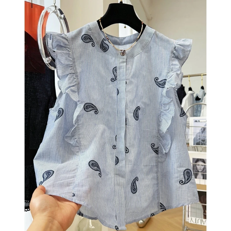 韩系轻奢减龄高级感刺绣飞袖无袖圆领衬衫女夏季马甲背心外穿上衣