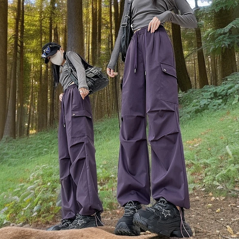 紫色加绒工装裤女秋冬2024新款加厚冲锋裤美式束脚登山伞兵运动裤