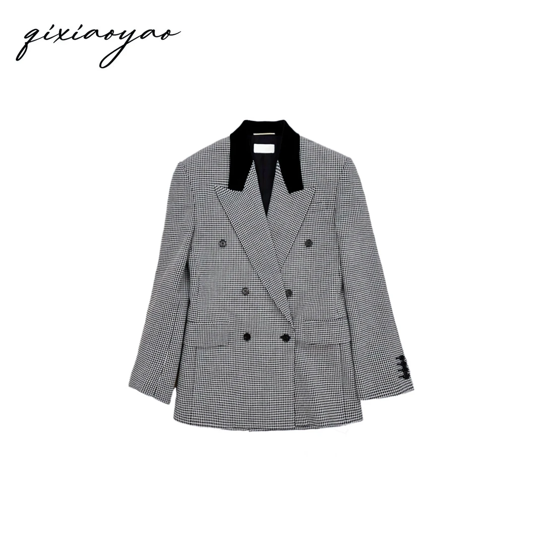 Qixiaoyao 春季新款设计师款西装翻领拼色西装外套#QSXY23027