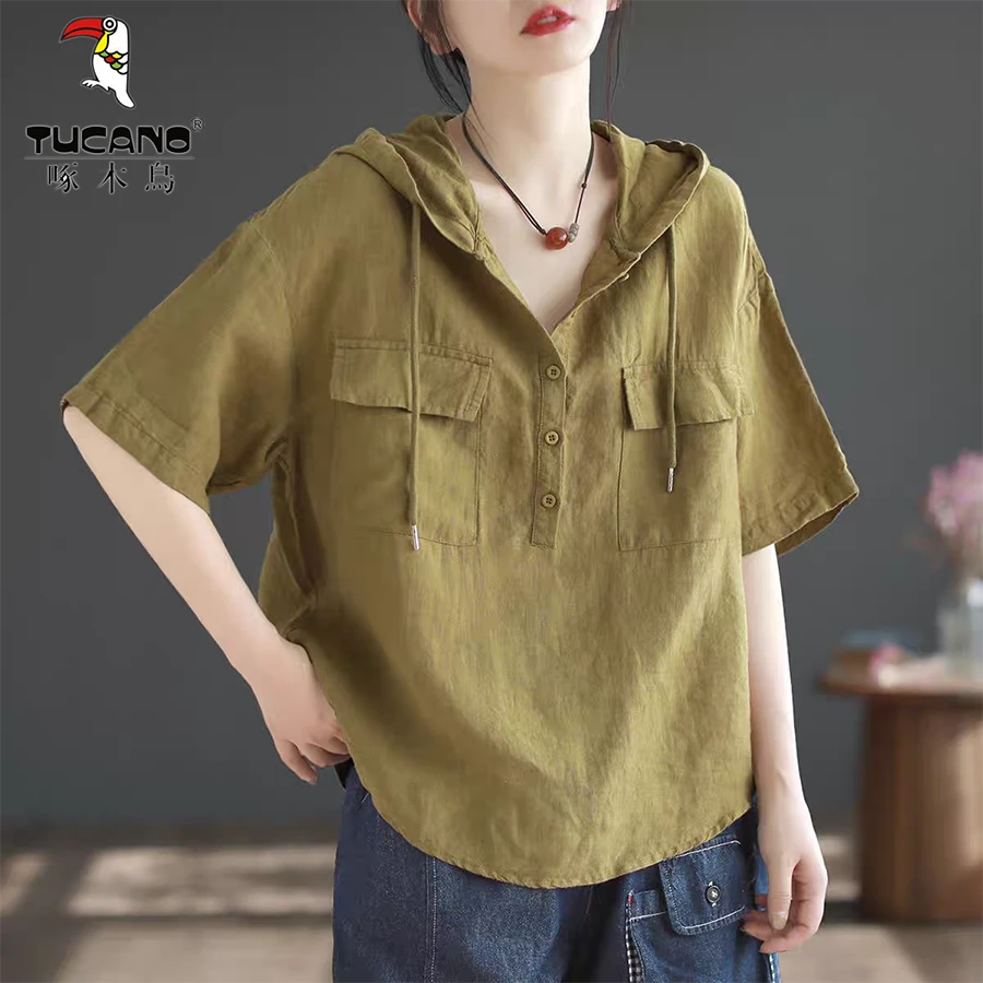 啄木鸟连帽宽松上衣棉麻短袖衬衫2025夏季高级感口袋设计T恤女装