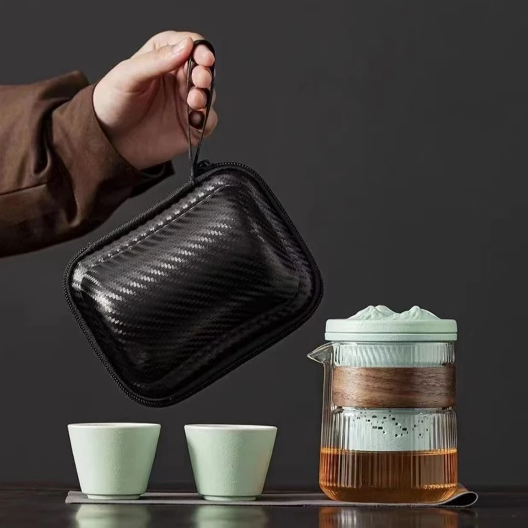 观山一壶二杯玻璃旅行茶具-浅青色 A411