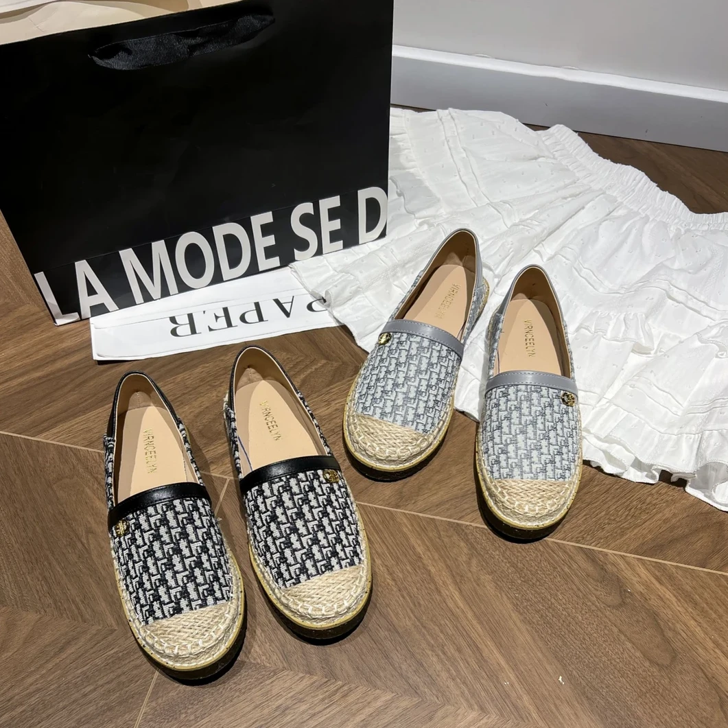 草编拼接印花小香风渔夫鞋女2025新款一脚蹬时尚休闲鞋