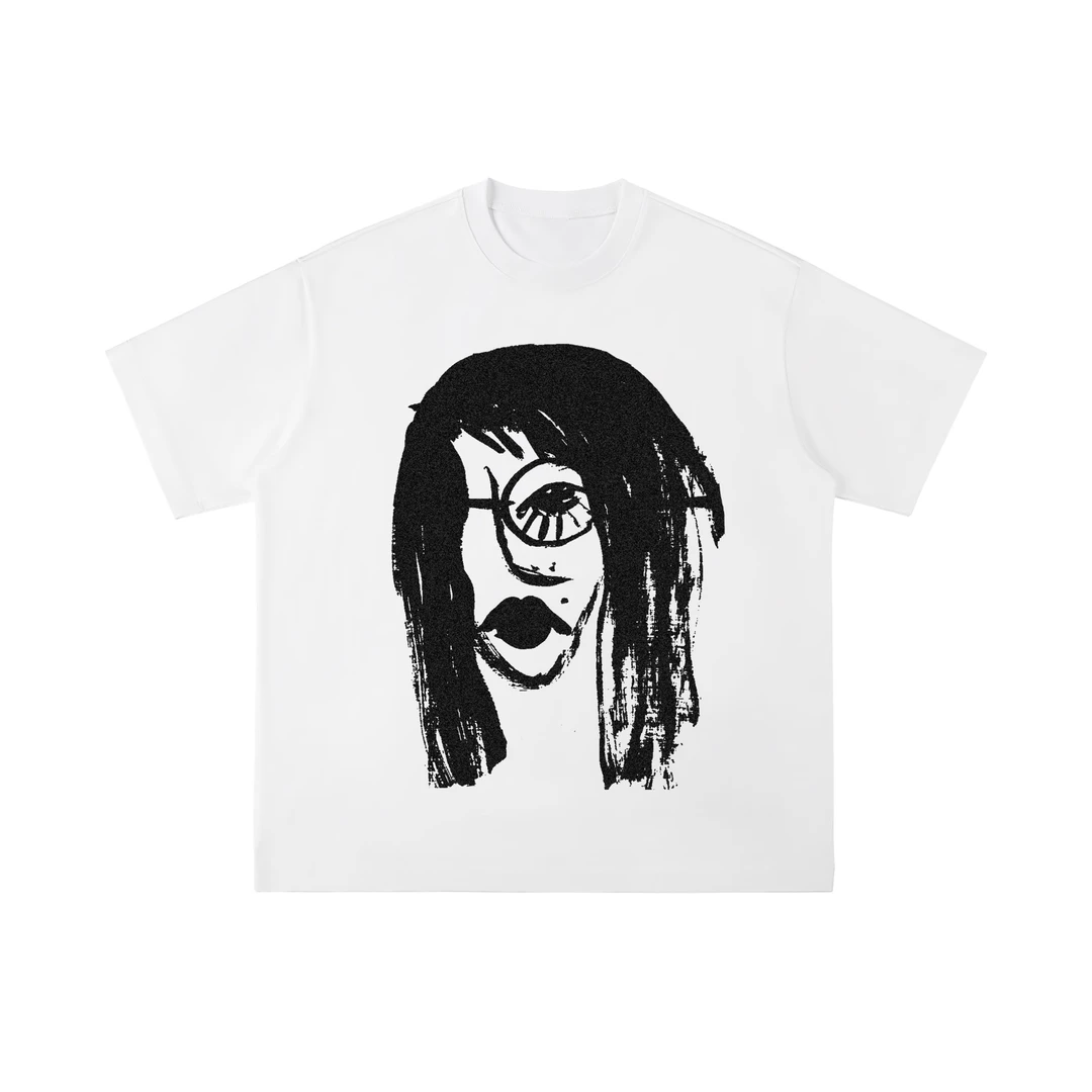 没有名字主播自画像T恤纯棉情侣宽松印花圆领美式复古街头夏季