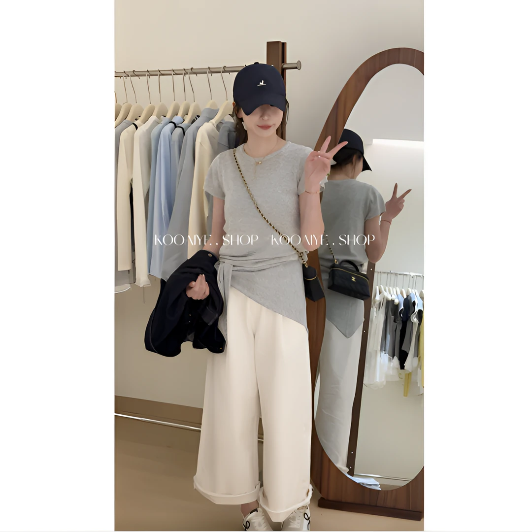 【北岛白洋】春季新款韩版圆领短袖针织衫显瘦纯色(摩擦多会起球)