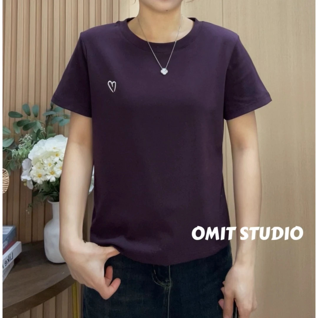 【爱心T】新款正肩弹力棉修身简约刺绣常规版短袖