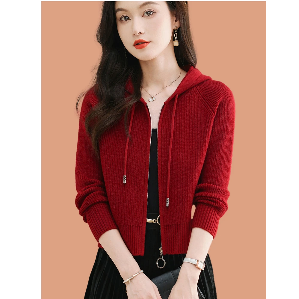 纯100羊毛衫女春装针织开衫毛衣外套短款拉链连帽卫衣专柜正品