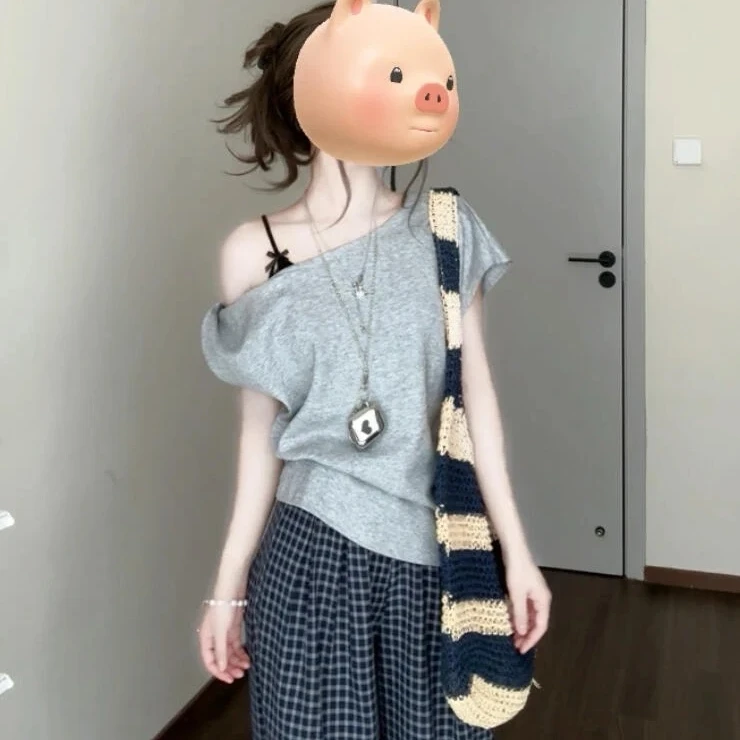 褶皱不规则上衣松弛感打扭斜肩短袖T恤女夏设计感独特漂亮小衫