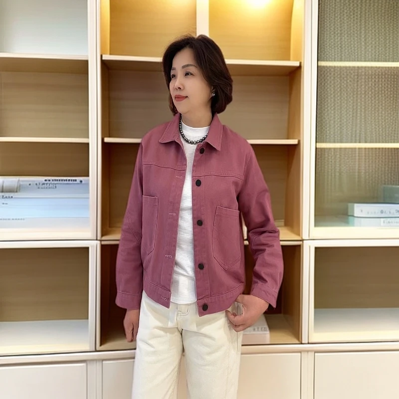 新款春季纯色翻领短款百搭简约大方休闲宽松长袖时尚牛仔外套