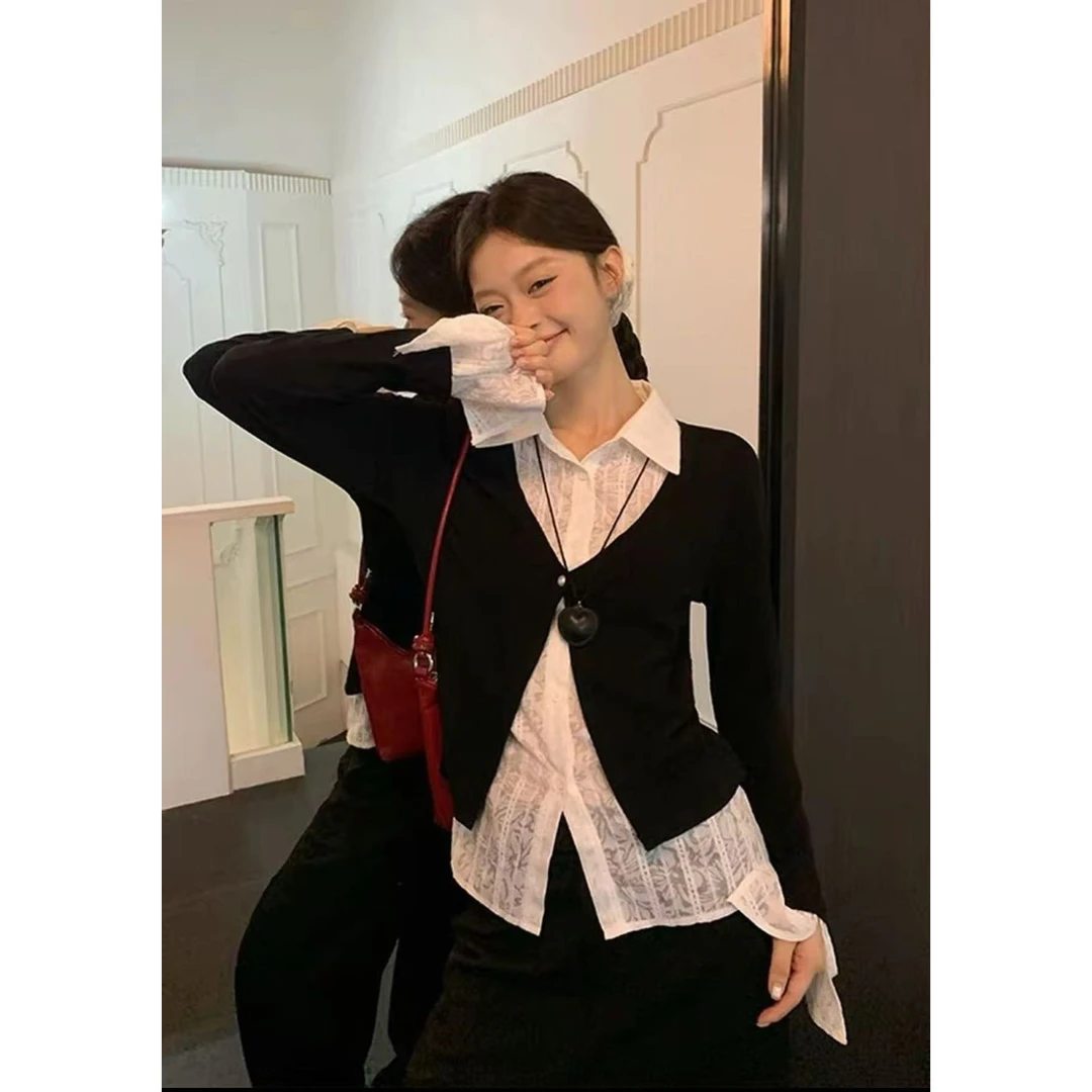 大码胖mm早秋季氛围感穿搭长袖t恤女2025新款拼接假两件显瘦上衣