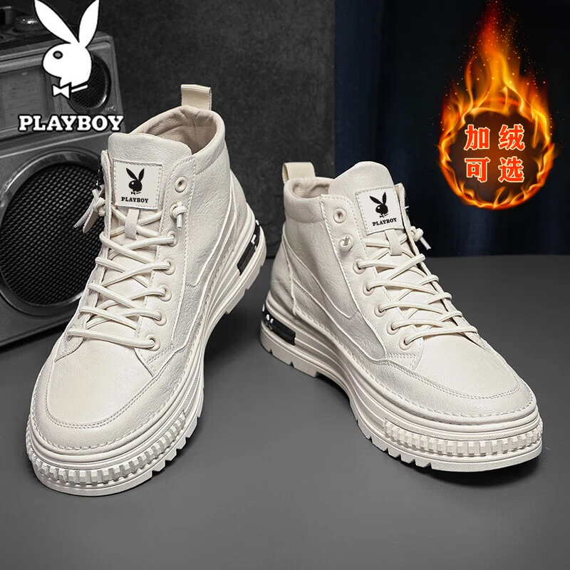 花花公子高帮男鞋秋冬季男生加绒保暖工装小白休闲马丁靴子男款