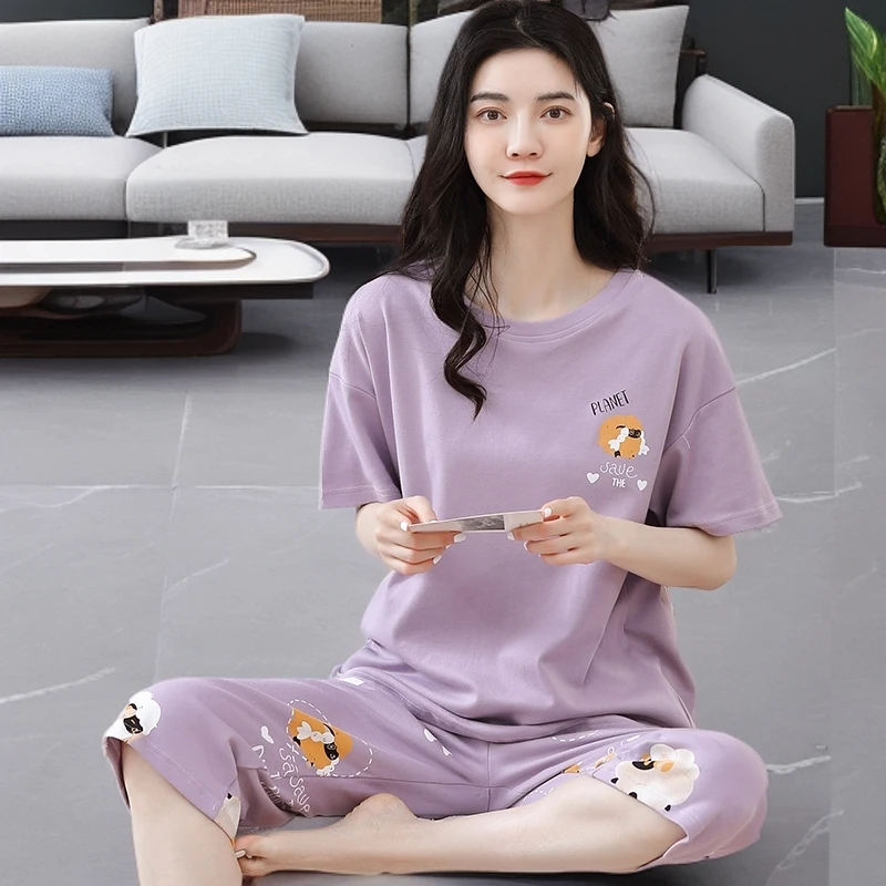 100%纯棉短袖睡衣女夏季韩版宽松舒适时尚休闲可外穿七分裤家居服