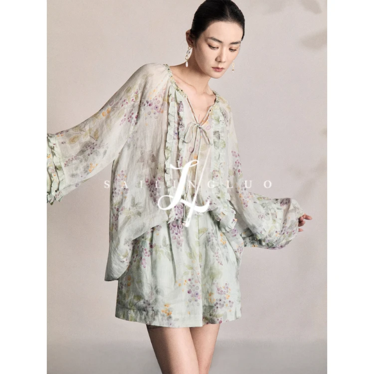 SailingLUO/25秋装新款100%苎麻印花系带宽松廓型衬衫短裤套装