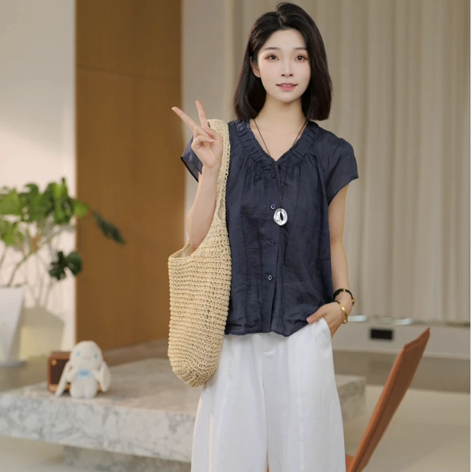 极简至上【橘子】2025夏装法式V领褶皱设计苎麻短袖衬衫M2564