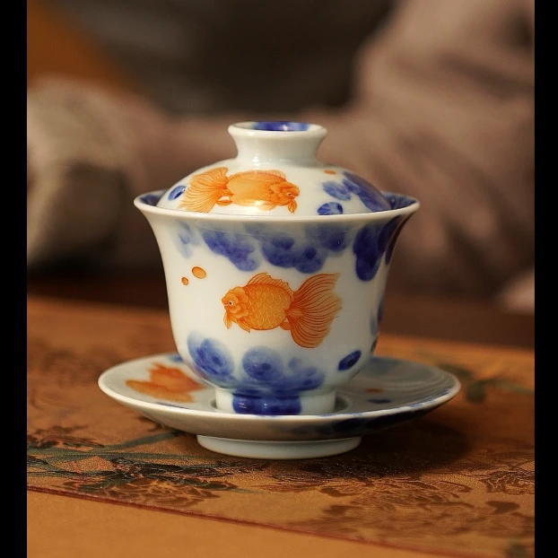 景德镇  熙工坊  矾红金鱼三才小盖碗