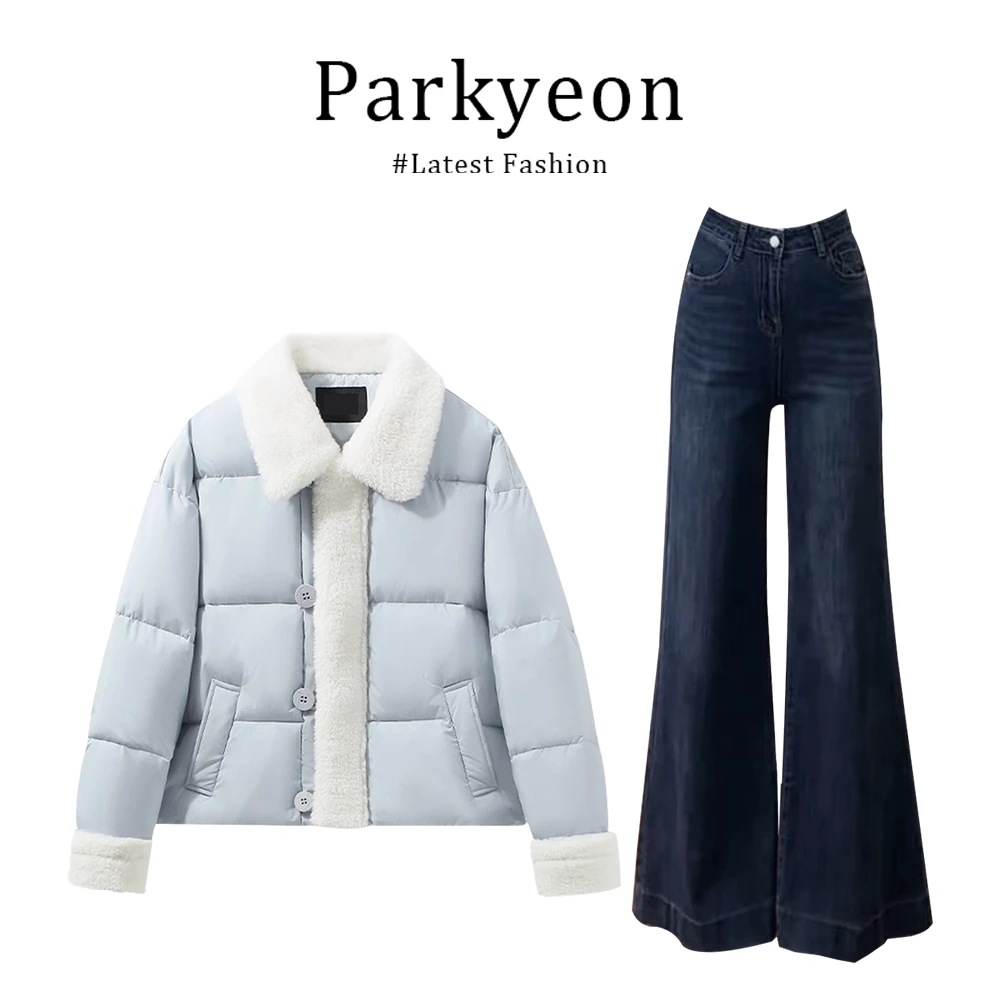 日系甜美风奶蓝色毛茸茸翻领棉服外套微喇修身牛仔裤套装