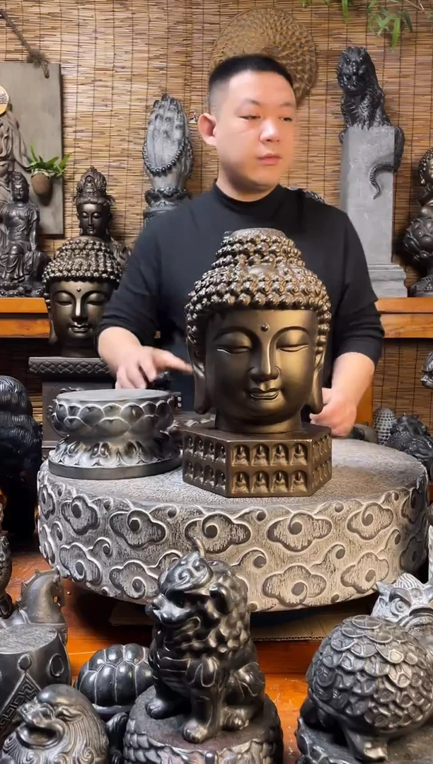 石材天然青石雕刻33佛头加底座
