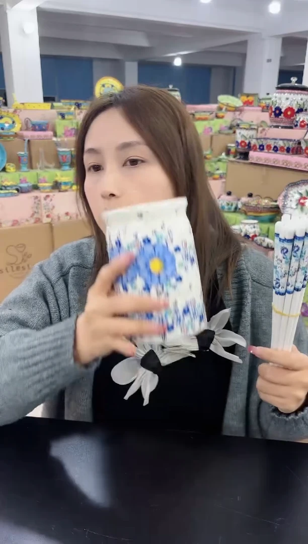 【闪购商品】瓷勿忘我双层筷子筒+5双玉树银花筷子