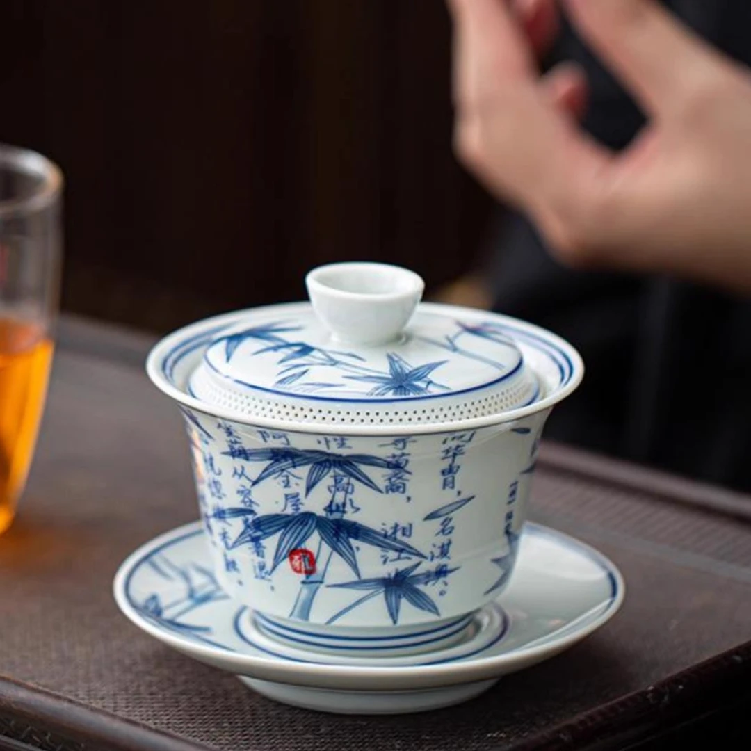 青花釉下彩诗文竹节悬停马蹄三才盖碗家用自带过滤孔防烫茶碗0830