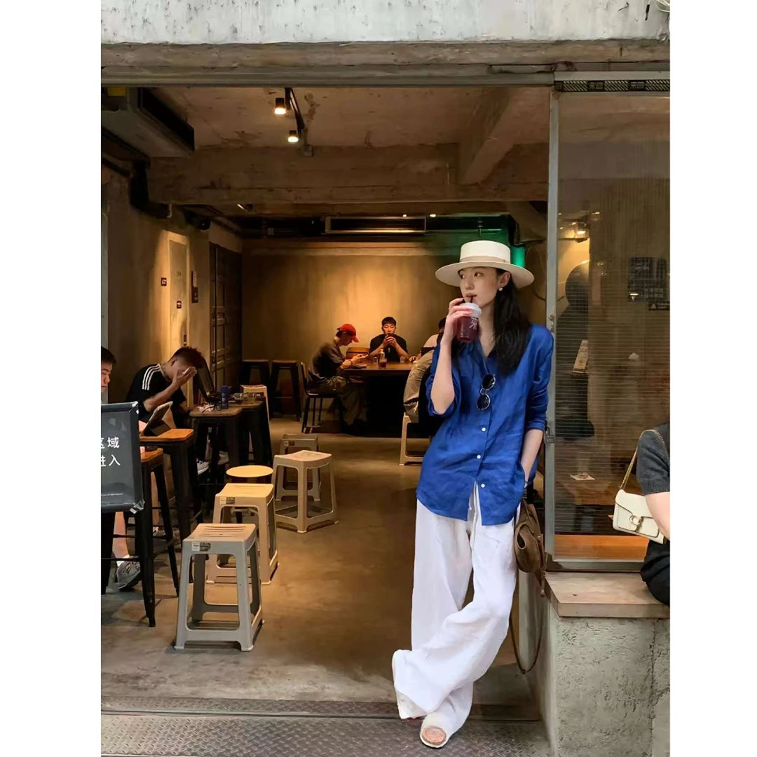 超显白克莱因蓝显瘦衬衫春夏新款防晒衣日系长袖宽松设计感上衣