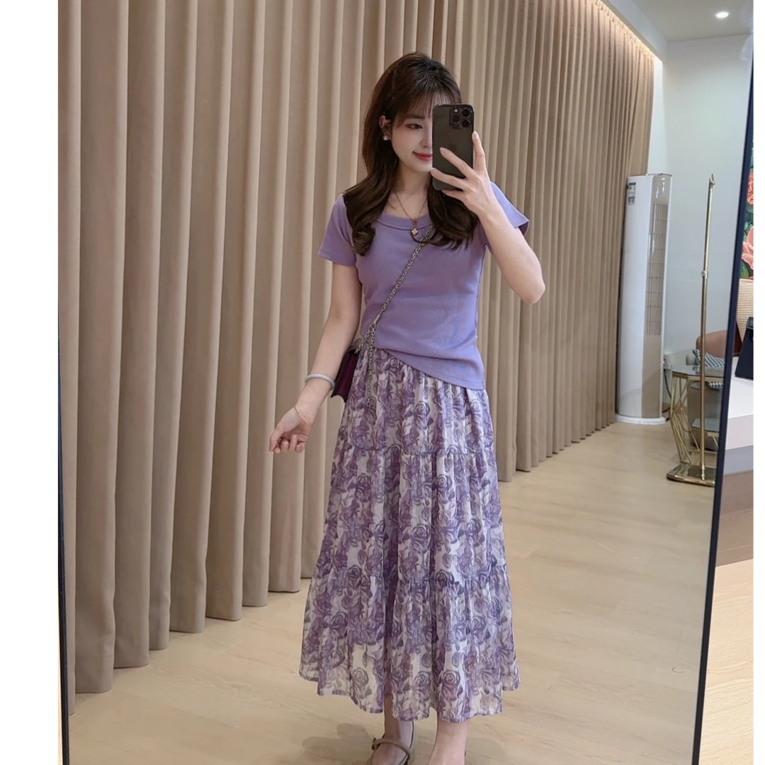 奈奈妮【紫玫瑰】紫色碎花半身裙显瘦气质时尚洋气6001