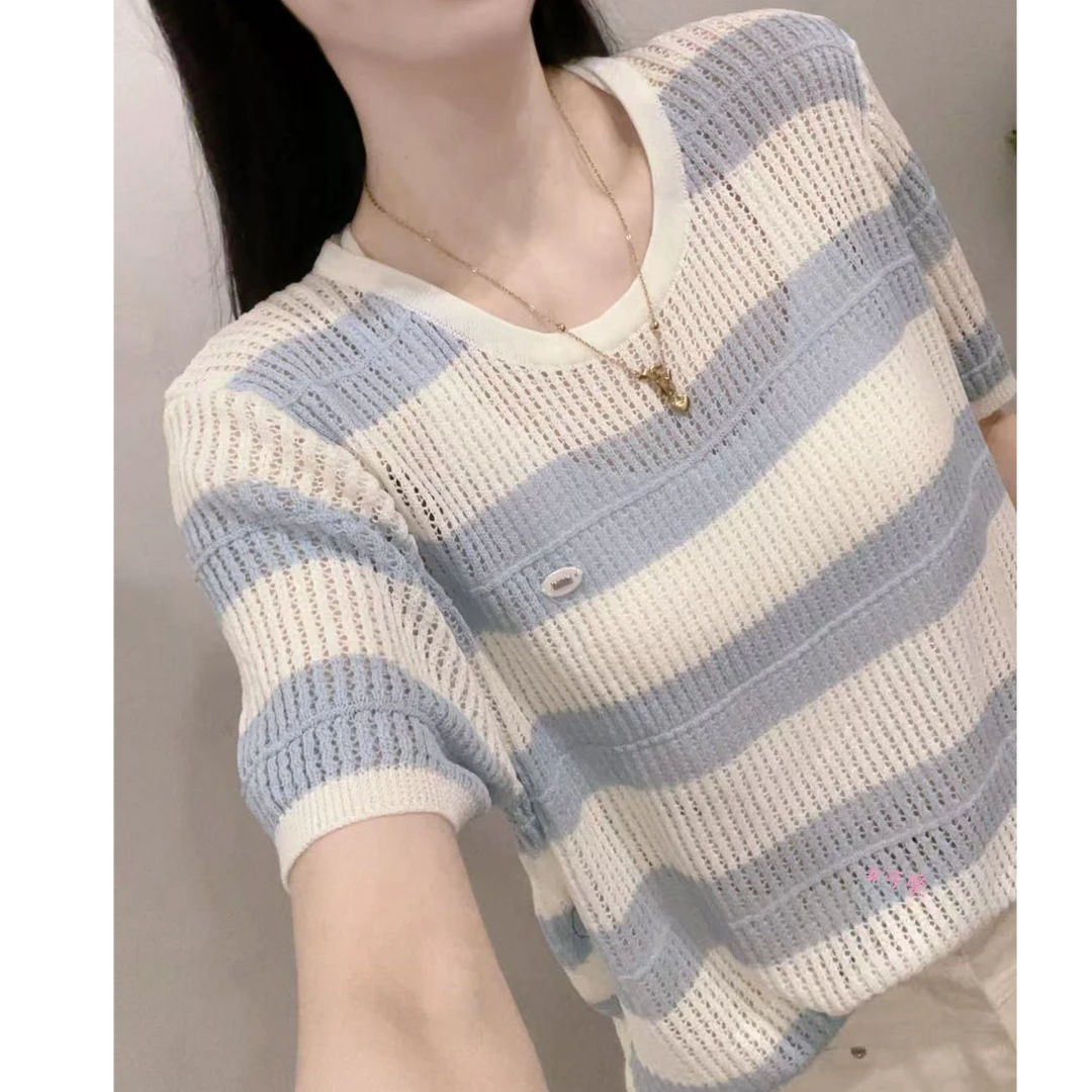 夏季毛针织衫短袖显瘦镂空宽松型设计感女装条纹