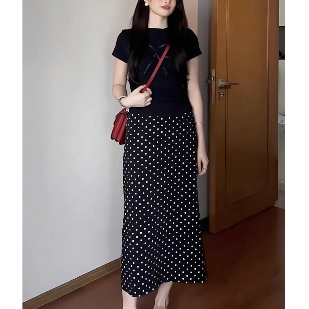 韩系气质夏季时尚套装蝴蝶结正肩短袖T恤高腰显瘦波点半身裙2件套