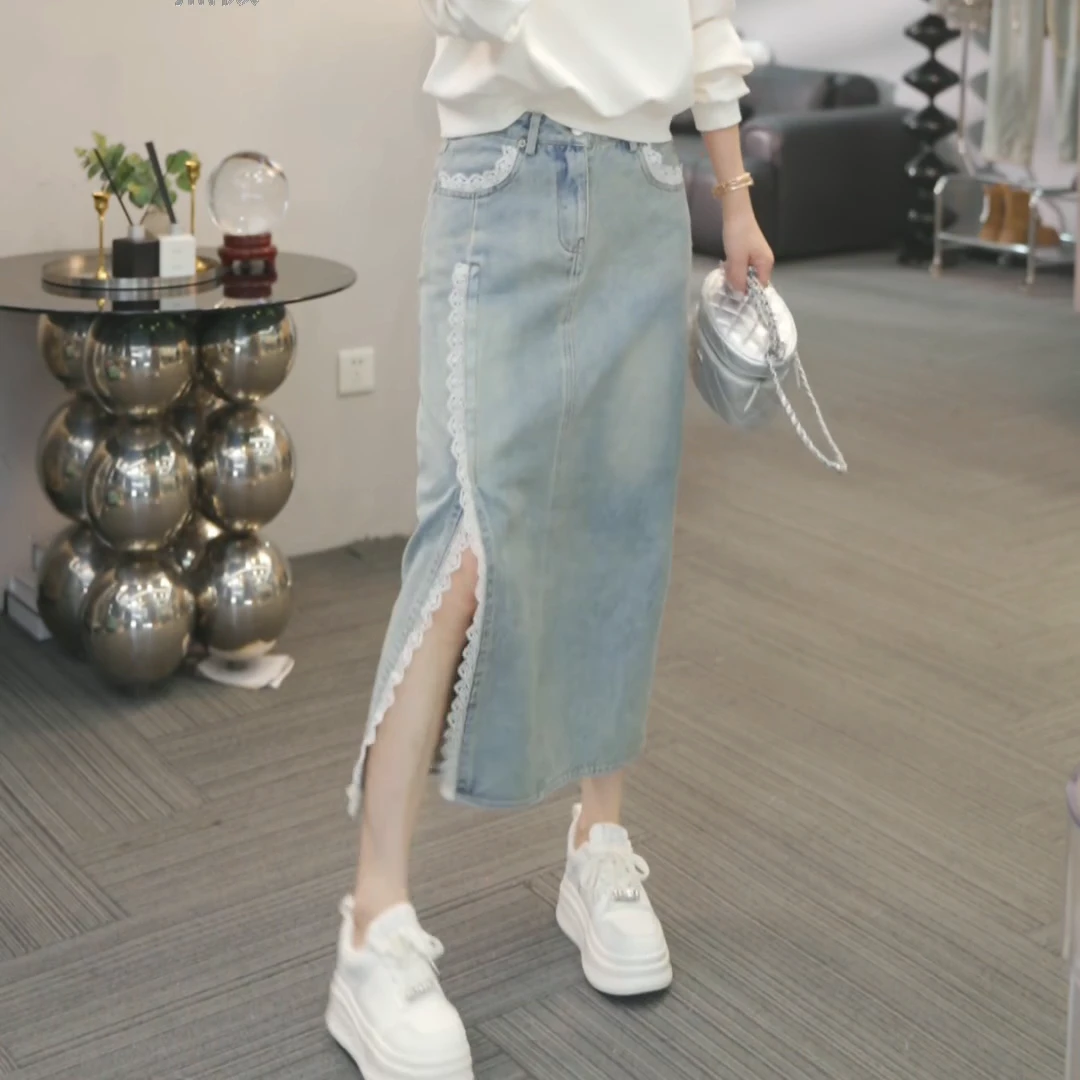 【春深似海】春季新款时尚休闲直筒显瘦蕾丝百搭牛仔裙LK2501636