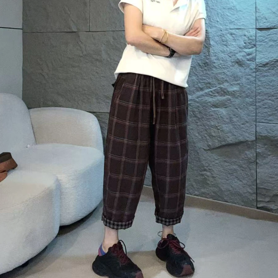 聪聪5726夏季大格子休闲百搭宽松九分休闲裤