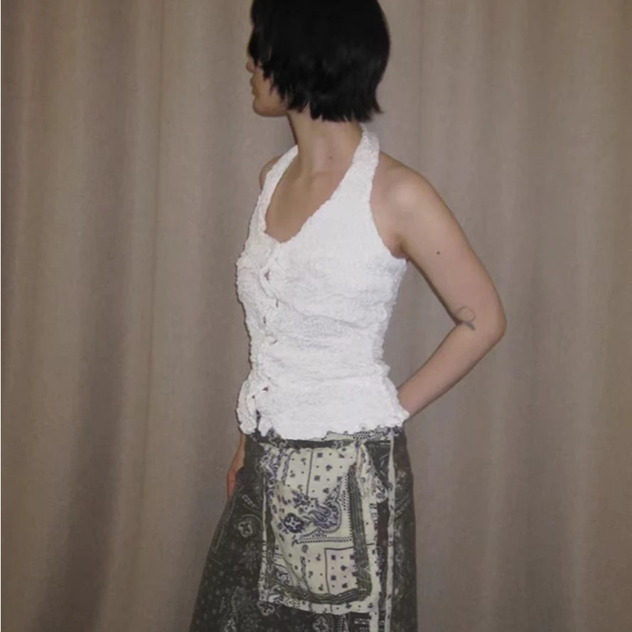 meiewie 25ss设计师品牌【output】皱皱白色挂脖背心