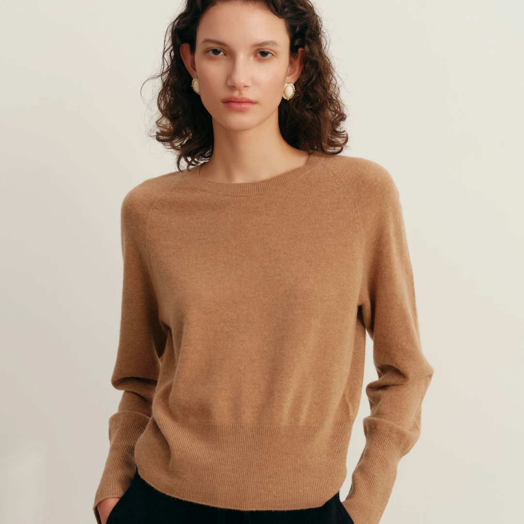 罕山.100%罕山白绒.纯色圆领羊绒衫长袖