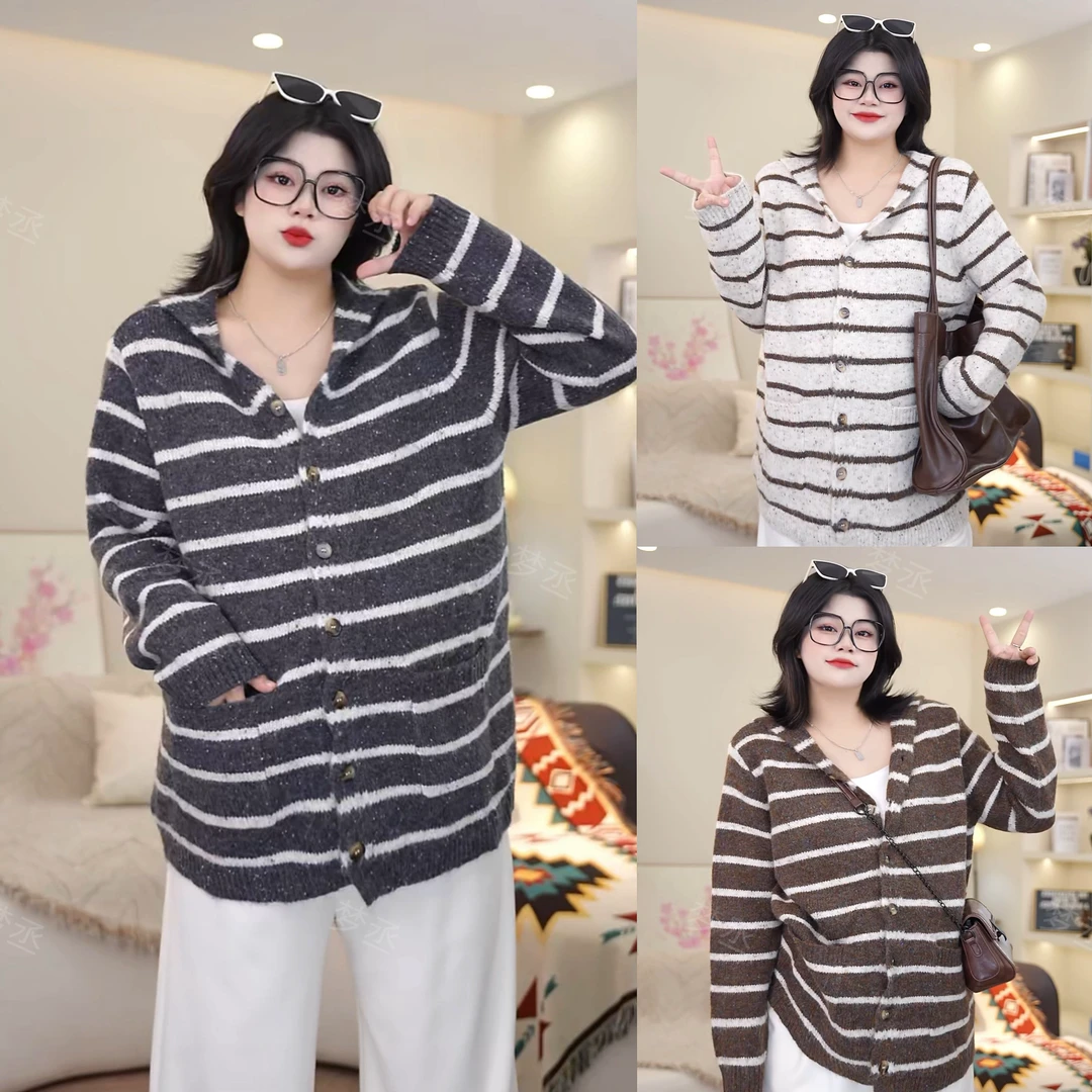 梦丞-冬季显瘦胖mm大码女装V领连帽彩点条纹宽松时尚针织开衫女
